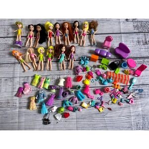 Polly Pocket Doll Lot 15 Dolls Clothes Furniture Accessories Snap On Fashion Toy